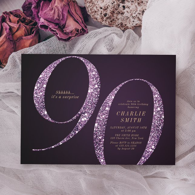 90:e födelsedag för modern minimalistisk lila glit inbjudningar (Modern minimalist purple glitter 90th birthday invitation)
