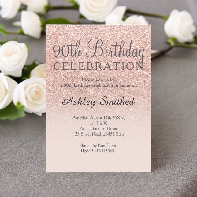 90:e födelsedag för ro guld faux rosa glitter inbjudningar (Rose gold faux glitter pink ombre 90th birthday invitation)