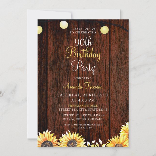 90:e födelsedag för Rustic Solros Inbjudningar (Framsida)