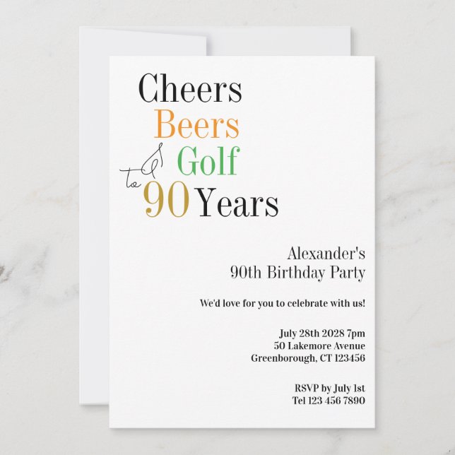 90:e födelsedag Golf Cheers Öl Minimal Party Inbjudningar (Framsida)