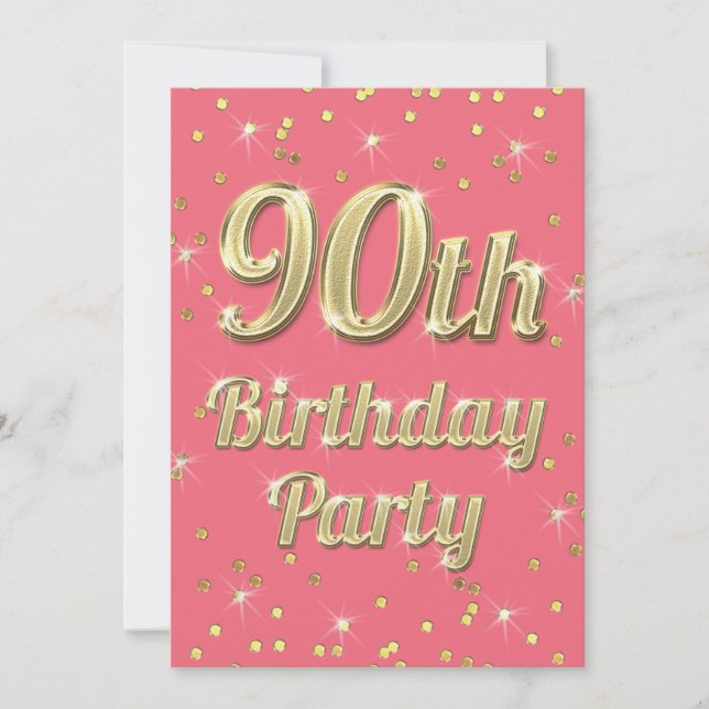 90:e födelsedag Guld Bling Typografi Konfetti Rosa Inbjudningar (Framsida)