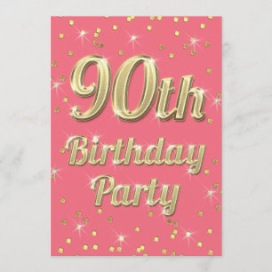 90:e födelsedag Guld Bling Typografi Konfetti Rosa Inbjudningar