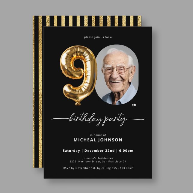 90:e födelsedag i Black Guld Inbjudningar (Black Gold Balloon 90th Birthday Invitation)