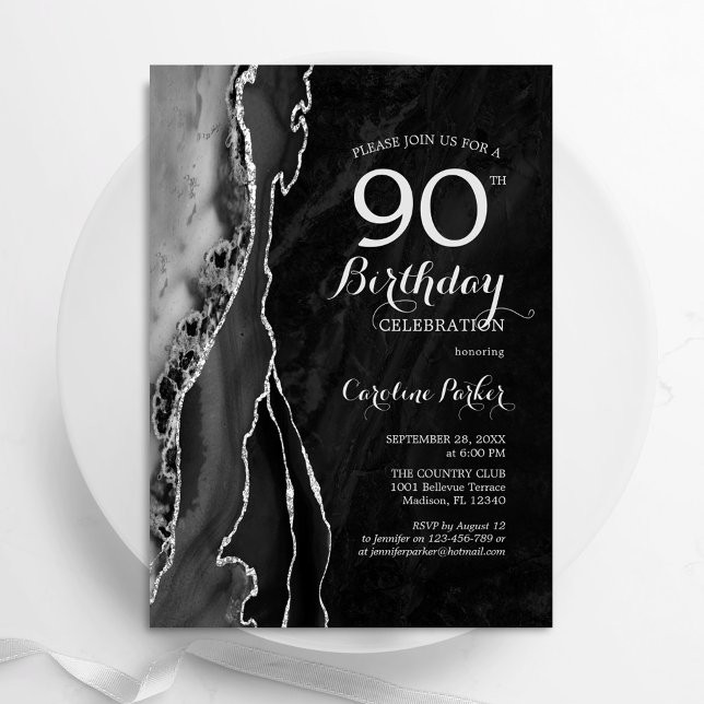 90:e födelsedag i Black Silver Inbjudningar (Skapare uppladdad)