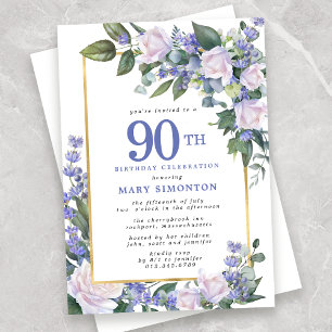 90:e födelsedag i Blue White Guld Blommigt Inbjudningar