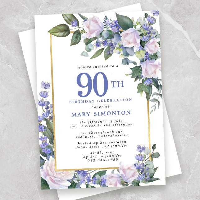 90:e födelsedag i Blue White Guld Blommigt Inbjudningar (Skapare uppladdad)