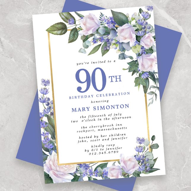 90:e födelsedag i Blue White Guld Blommigt Inbjudningar (Skapare uppladdad)