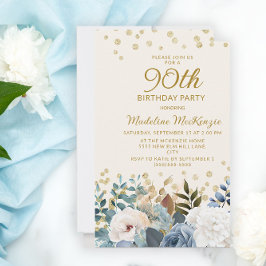 90:e födelsedag i Dusty Blue White Blommigt Guld Inbjudningar