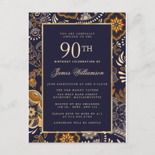 90:e födelsedag i elegant Blue och Guld Mönster Inbjudan Vykort
