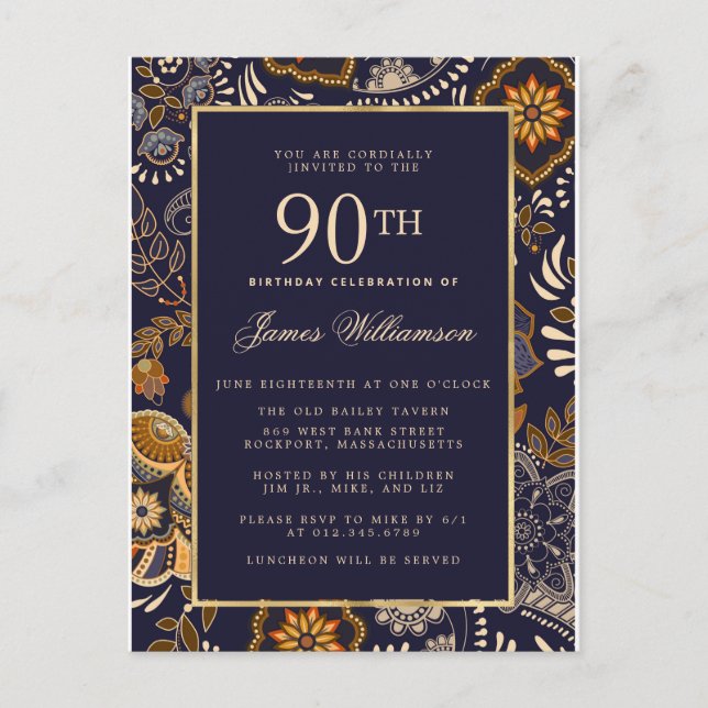 90:e födelsedag i elegant Blue och Guld Mönster Inbjudan Vykort (Framsida)