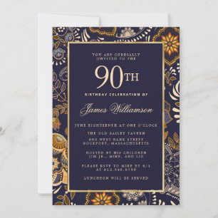 90:e födelsedag i elegant Blue och Guld Mönster Inbjudningar