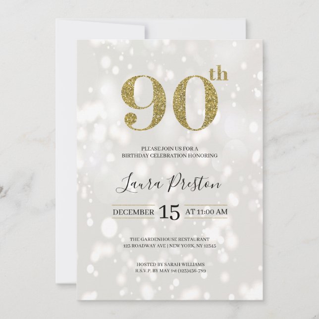 90:e födelsedag i elegant Glitter Inbjudningar (Framsida)