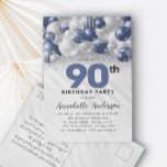 90:e födelsedag i Glitter Vykort<br><div class="desc">Modern Glam Navy Blue Silver Balloon Glitter Gnistra vid alla åldrar</div>