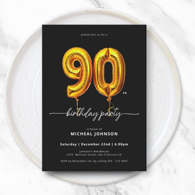 90:e födelsedag i Guld Balloon Black Inbjudningar (Gold Balloon Black 90th Birthday Invitation)