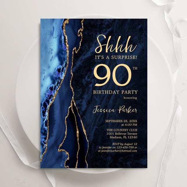 90:e födelsedag i marinblått Guld Inbjudningar (Skapare uppladdad)