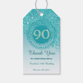 90:e födelsedag i modern Falling Teal Blue Glitter Presentetikett