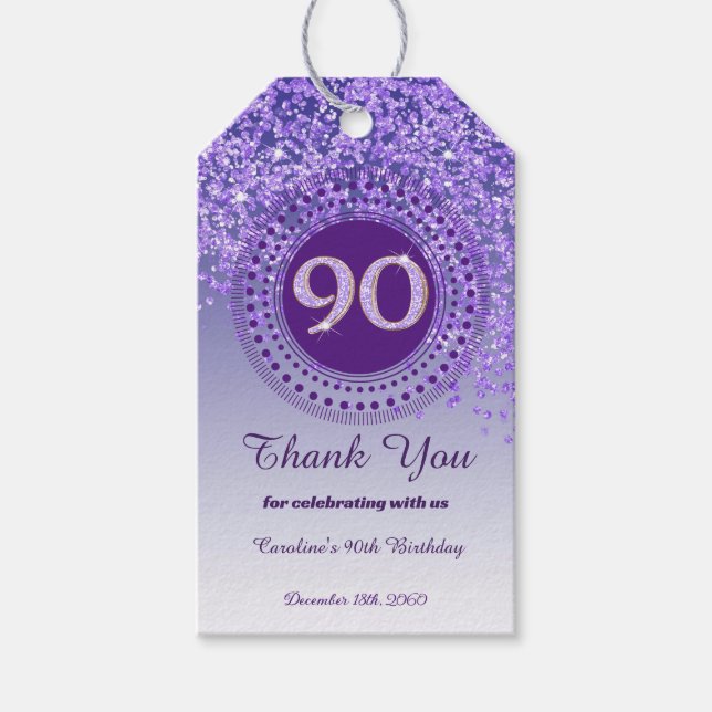 90:e födelsedag i modern Lila Glitter Presentetikett (Framsidan)