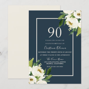 90:e födelsedag i Modern White Blommigt Elegant Gr Inbjudningar