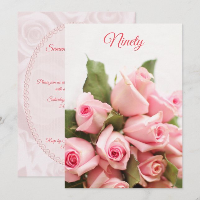90:e födelsedag i Romantic Rosa ros Bouquet Inbjudningar (Fram/baksida)