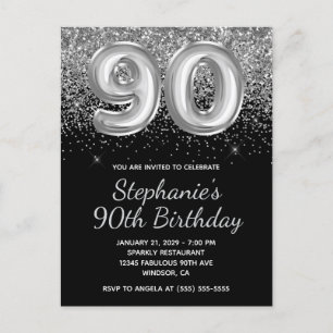 90:e födelsedag i Sparkly Silver Glitter Black Bal Inbjudan Vykort