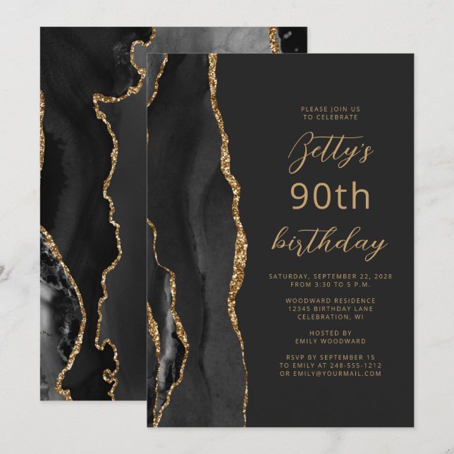 90:e födelsedag i svart Guld-agate Inbjudningar (Fram/baksida)