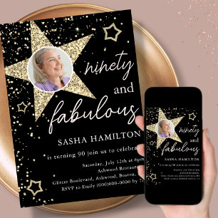 90:e födelsedag i Svarta och Guld Glitter Inbjudningar