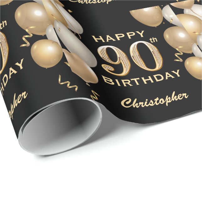 90:e födelsedag i Svarta och Guld Glitter Presentpapper (Rullad Hörn)