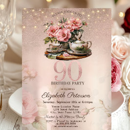 90:e födelsedag i Tea Kopp Flowers Glitter Ro Guld Inbjudningar