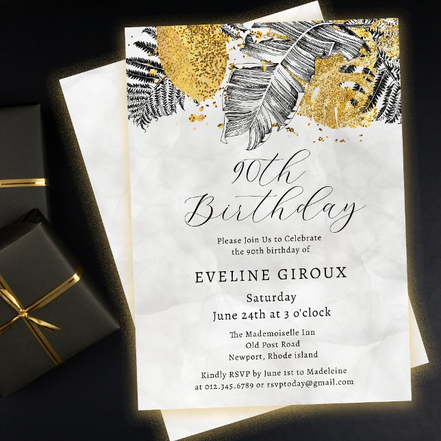 90:e födelsedag i Tropiska Handflatan Svarta Guld Inbjudningar (Need matching black and gold tropical palm party supplies? Message me!)
