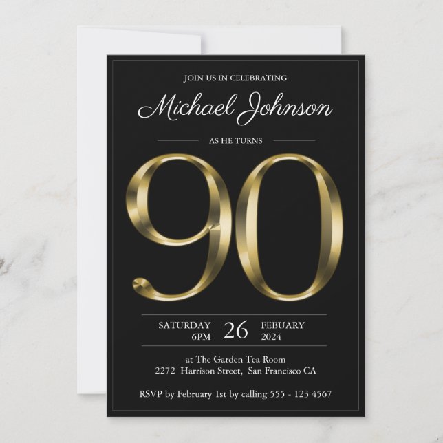 90:e födelsedag i Typografi Black Guld Inbjudningar (Framsida)