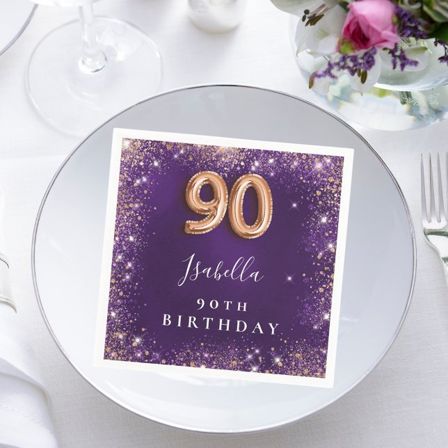 90:e födelsedag lila ro guld namn pappersservett (Skapare uppladdad)