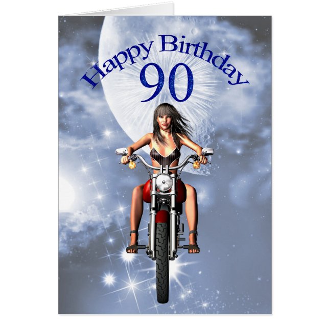 90:e födelsedag med en biker flicka hälsningskort (Framsidan)