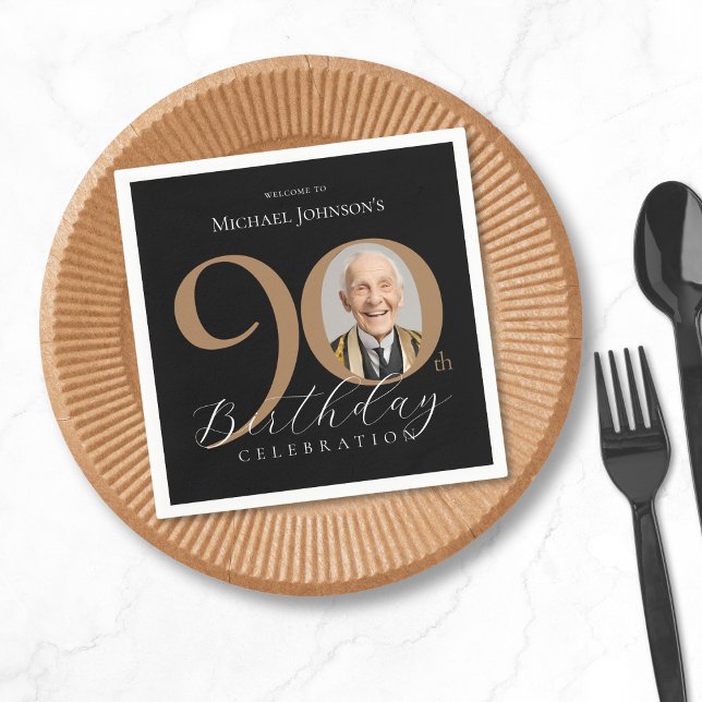 90:e födelsedag med svart Guld-foto med enkel Eleg Pappersservett (Simple Elegant Black Gold Photo 90th Birthday Napkins)