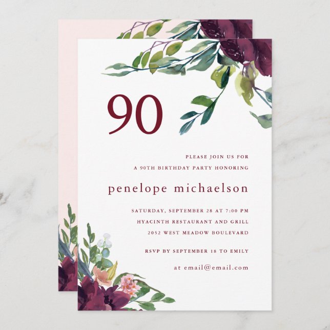 90:e födelsedag med vacker vattenfärg, Blommigt Inbjudningar (Fram/baksida)