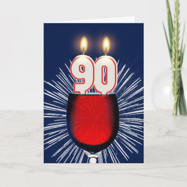 90:e födelsedag med vin och ljus kort (Framsida)