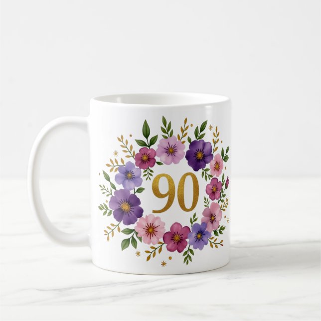 90:e födelsedag Mugg - Blommigt Utandning med Guld (Vänster)