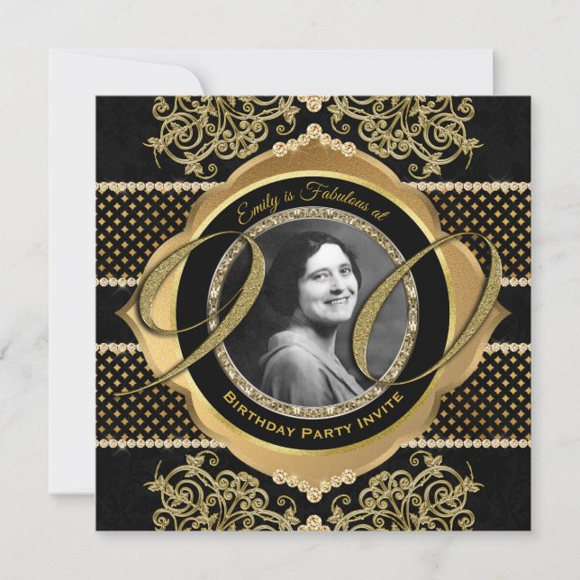 90:e födelsedag Ninetieth Guld Diamond Photo Ram Inbjudningar (Framsida)