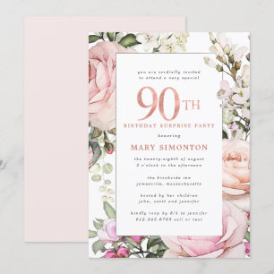 90:e födelsedag Party Rosa Blommigt Inbjudningar