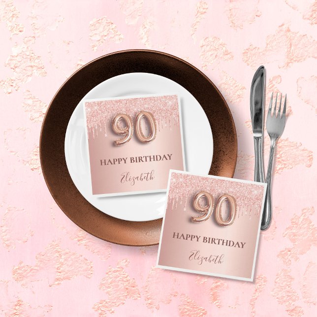 90:e födelsedag ro glitter guld rosa ballong stil pappersservett (Skapare uppladdad)