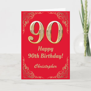 90:e födelsedag Röda och Guld Glitter Ram Kort