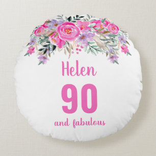 90:e födelsedag rosa blommigt namn runt kudde