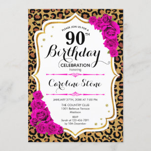 90:e födelsedag - Rosa Guld Leopard Skriv ut Inbjudningar