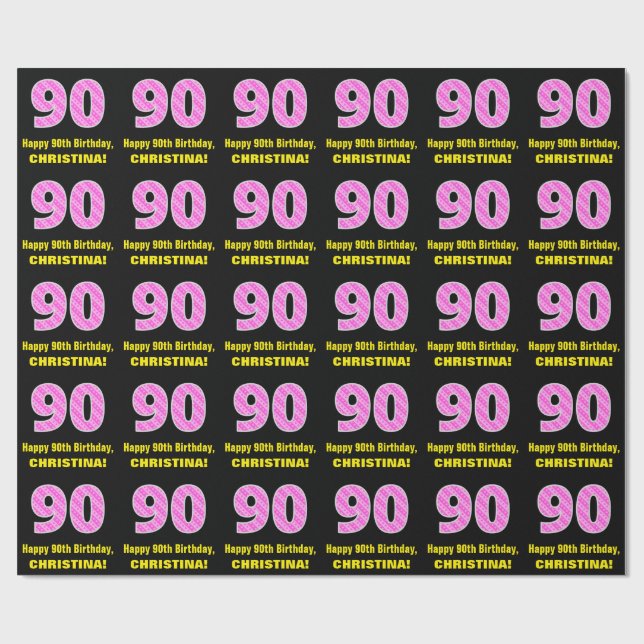 90:e födelsedag: Rosa Rand och örter "90" + Namn Presentpapper (Platt)