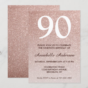 90:e födelsedag Rosa ros Glitter Guld-Gnistra Inbjudningar