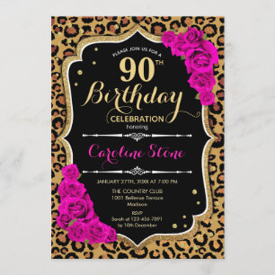 90:e födelsedag - Rosa ros Leopard Skriv ut Inbjudningar