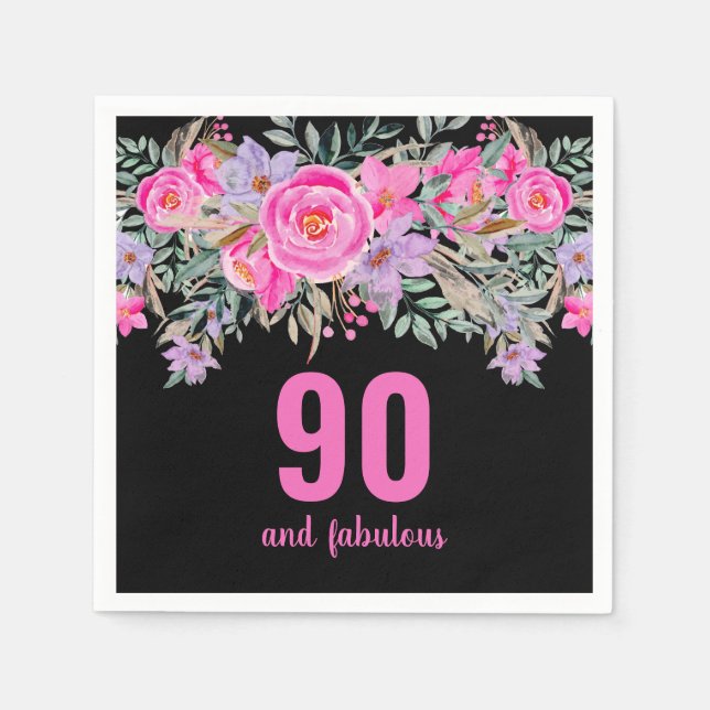 90:e födelsedag rosa svart blommigt party blöjor pappersservett (Framsidan)