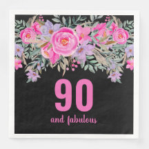 90:e födelsedag rosa svart blommigt party blöjor