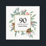 90:e födelsedag Rustic Winter Greenery Red Bow Pappersservett<br><div class="desc">Röda bär och gräs är inkapslade i en rustik vinter-grön andedräkt. Det är ramar 90,  firmans namn och nittonårdag. All text kan redigeras.</div>