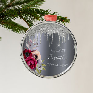 90:e födelsedag silver glitter droppar blommigt bu julgransprydnad metall