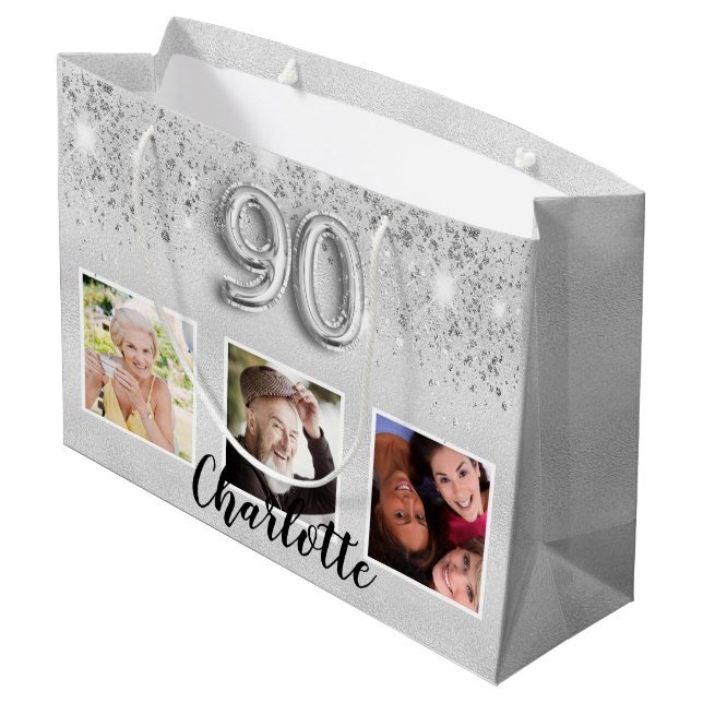 90:e födelsedag silver glitter-foto namn (Baksidan Vinklad)